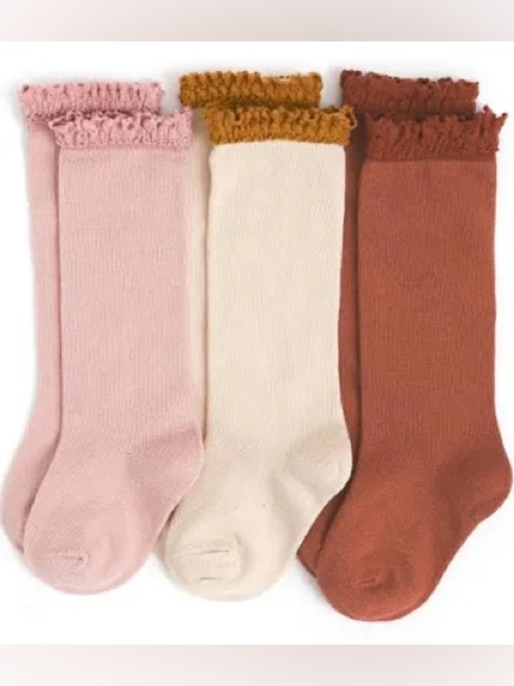 3 Pairs Autumn Baby knee socks with Ruffle Lace Trim -Cream, Rust, Blush, EUC
